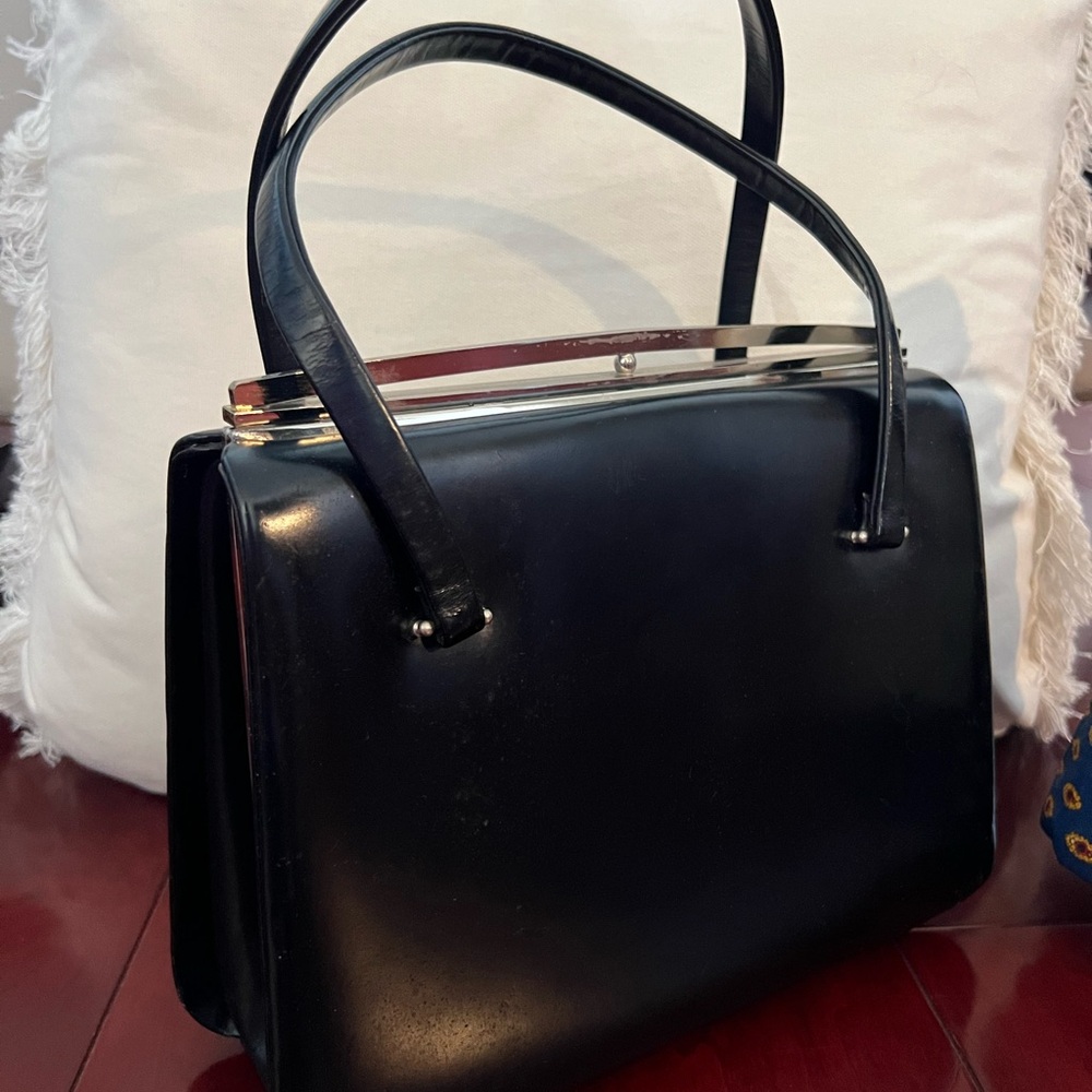 Vintage Leather Satchel Handbag Purse Black 80s 90s